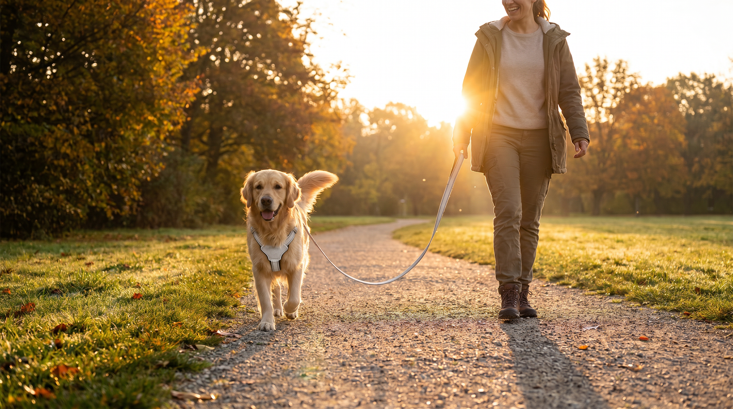 Hero lifestyle — golden retriever loose leash morning